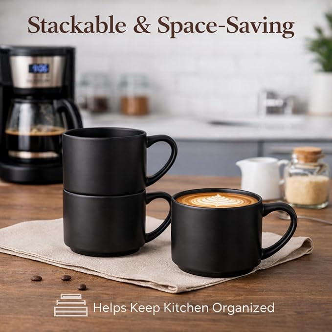 GBhome 14 OZ Coffee Mugs Set of 6, Stackable Ceramic Mugs for Men, Women, Modern Coffee Cups With Stable Base for Latte, Tea, Cappuccino. Dishwasher & Microwave Safe, Matte Black - Image 2