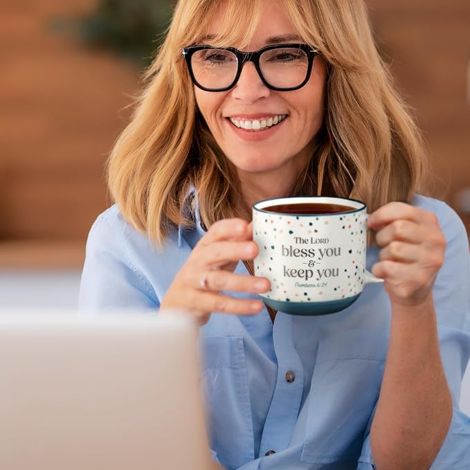 Christian Art Gifts Large Inspirational Ceramic Coffee & Tea Scripture Mug for Women & Men: Lord Bless You & Keep You Encouraging Bible Verse Novelty Cup, Multicolor Confetti Theme, White/Blue, 14 oz. - Image 4