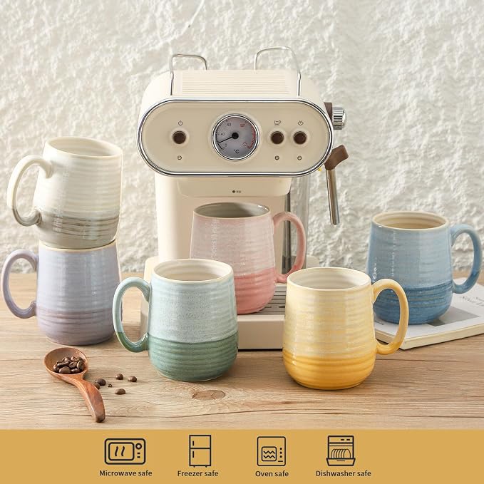 HASENSE Coffee Mugs, 12 oz Porcelain Coffee Cups Set of 6, Two-Tone Reactive Glaze Mugs Gift for Women and Men, Big Colorful Tea Cup for Latte, Cappuccino & Hot Chocolate, Dishwasher Microwave Safe - Image 2