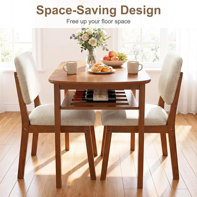Giantex Dining Table Set for 2, Space Saving Kitchen Table and Chairs Set w/Rubber Wood Frame, Storage Rack, Padded Seats & Backrests, Dinette Set for Small Space, Apartment, Dining Room, Walnut - Image 7