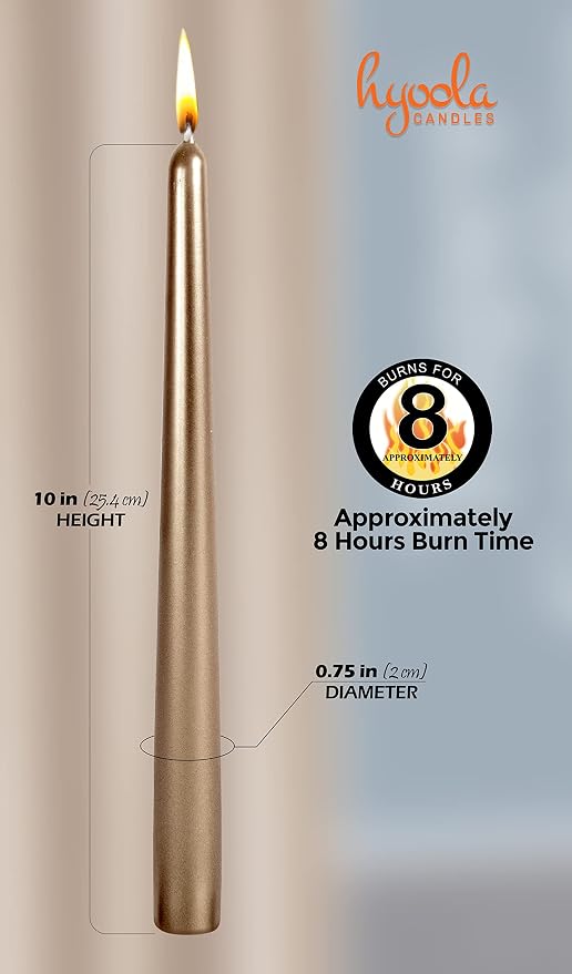 Hyoola Tall Metallic Antique Gold Taper Candles - 10 Inch - Dripless - 12 Pack - 8 Hour Burn Time - Image 3