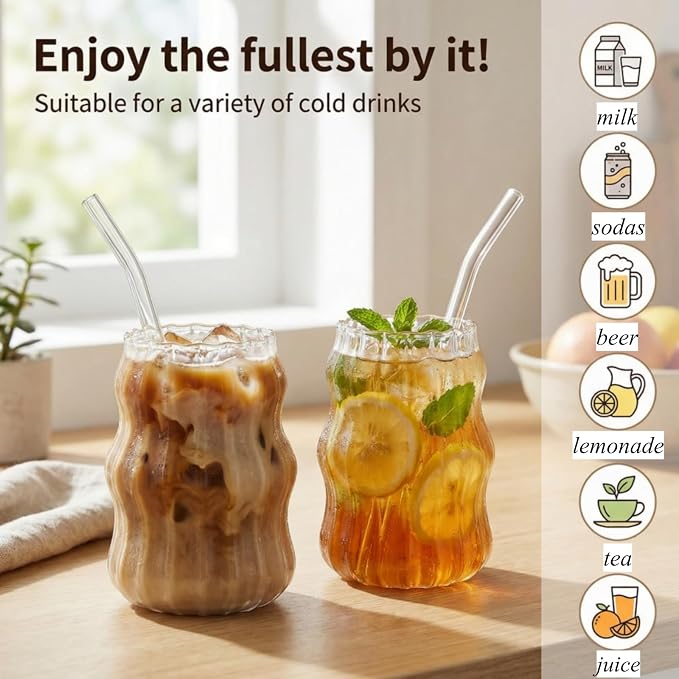 Tebery 4 Pack Cute Drinking Glasses, 16 Oz Ribbed Iced Coffee Cup Tumbler with Straws, Aesthetic Vintage Water Glassware Mug for Cocktail Smoothie Juice Beverage Milk Tea - Image 6