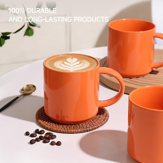 Coffee Mugs Set of 4, Stoneware Coffee Cups with Comfortable Handle, 16oz Ceramic Mugs for Kitchen & Office, Dishwasher & Microwave Safe - Orange - Image 5