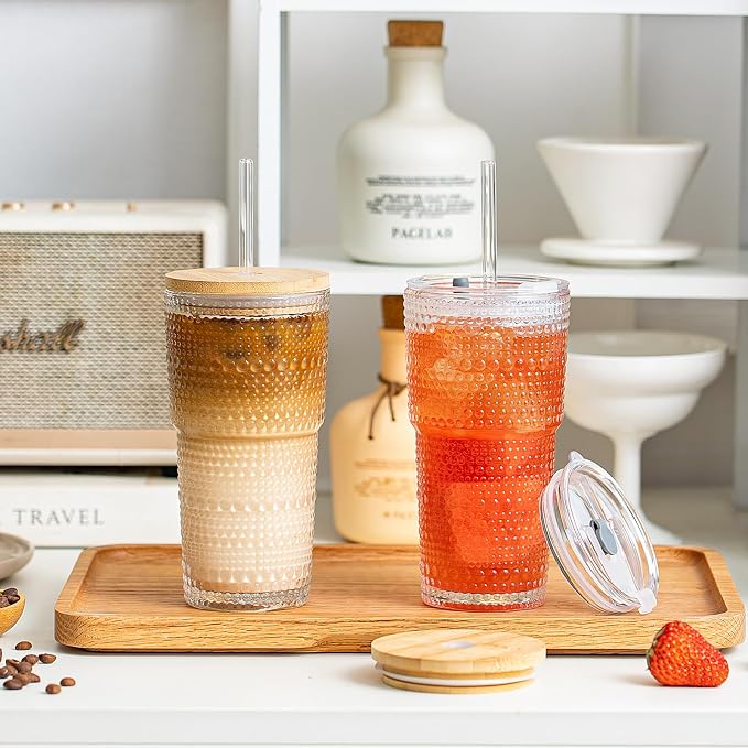 SoulTimes 20oz Hobnail Glass Tumbler with Bamboo Lids and Straws - Iced Coffee Glass Cups for Smoothie, Matcha, Juice, Water etc. Leakproof and Reusable Glassware Drinking for Travel To Go [2 Pcs] - Image 2