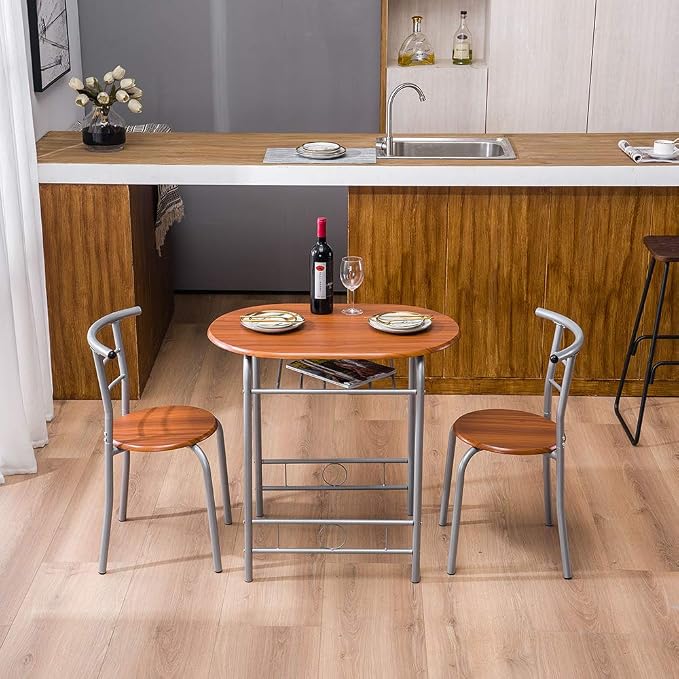 VINGLI 3 Piece Dining Set, Small Kitchen Table Set for 2, Breakfast Table Set, Kitchen Wooden Table with 2 Chairs for Small Space/Dining Room/Apartment, Metal Frame, Wine Rack, Russet - Image 6