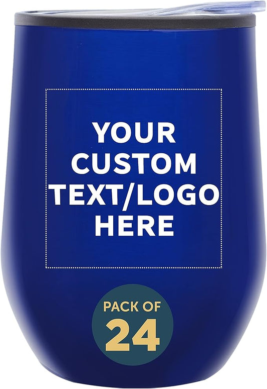 Custom Stemless Wine Tumblers 12 oz. Set of 24, Personalized Bulk Pack - Insulated, Perfect for Wine, Cocktails, Other Hot & Cold Beverages - Blue
