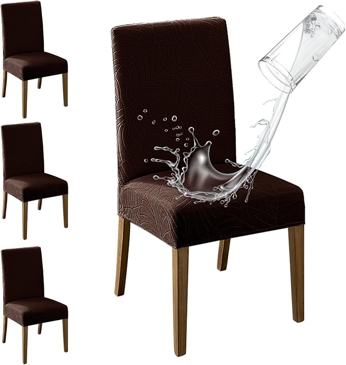 MOSAYT 100% Waterproof Dining Room Chair Covers Set of 4, Super Fit Stretch Jacquard Parson Chairs Slipcovers Removable Washable Chair Seat Protectors for Home, Kitchen, Banquet (Chocolate - XL) by MOSAYT