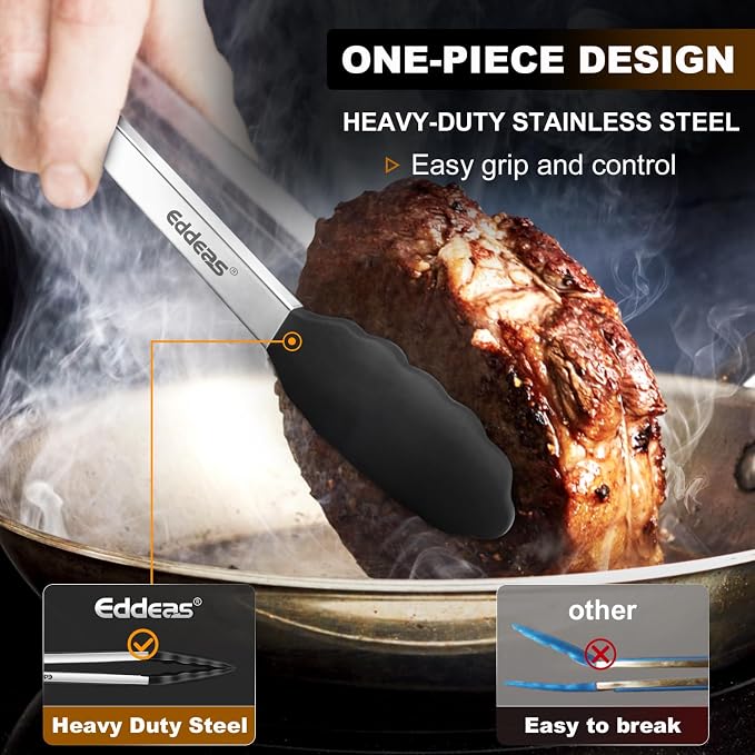 Kitchen Tongs with Silicone Tips, Heat Resistant 600 Degrees All Metal handle Locking Tongs For Cooking with Rubber Tips, Heavy Duty Stainless steel Food Tongs, Set of 3-7" 9" & 12" Black - Image 2
