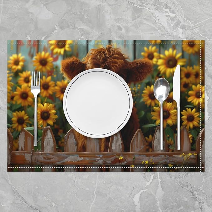 Feelyou Highland Cow Placemats Set of 4 12"x18" Highland Cattle Table Mats Placemat Animal Placemats for Dining Table Indoor Outdoor Kitchen Sunflower Farmhouse Decor Table Place Mats - Image 2
