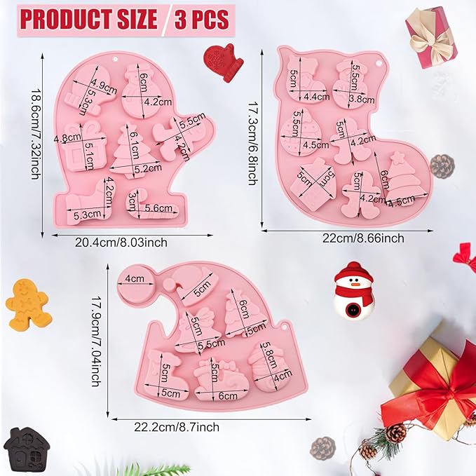 3 Pack Christmas Silicone Chocolate Molds, Xmas Holiday Baking Mold Snowflake Christmas Tree Snowman Gingerbread Man Santa Claus Shape Mold for DIY Candy Soap Candles Jello Cake Pans Cookie Trays