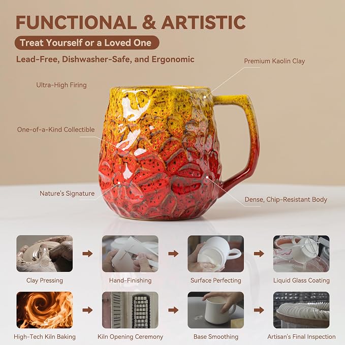 18oz Unique Yellow & Red Kiln-Change Ceramic Coffee Mug, Handcrafted Hammered Texture Ceramic Mug with Ergonomic Handle, Microwave & Dishwasher Safe, Gift for Coffee Lovers, Home Office Daily Use - Image 6
