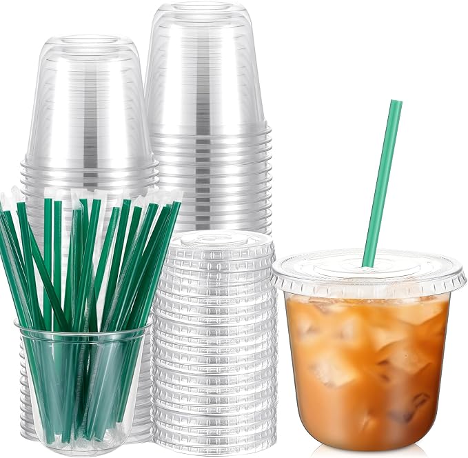 Baderke 25 Set Plastic Cups with Lids and Straws, Disposable Plastic Iced Coffee Cup for Cold Beverage Juice Smoothie Crystal for Coffee Shops Party Catering (Clear,10 oz) by Baderke