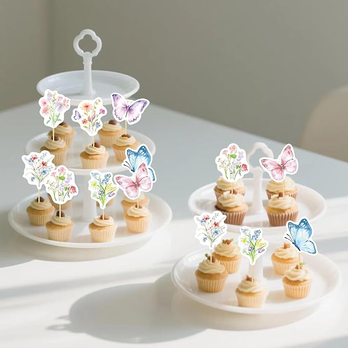 40 Pcs Wildflower & Butterflies Cupcake Toppers - 8 Styles, 5 Pcs Each - Non-Edible Cake Toppers for Wedding, Birthday, Party Decorations - Image 3