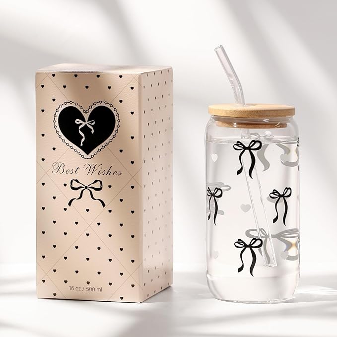Coquette Black Bow Aesthetic Cup With Gift Box 16oz Glass Cup with Lids Straws and Black Bow Iced Coffee Smoothie Cute Tumbler with Cleaning Brush for Girls Bestfriend Sister Girlfriend
