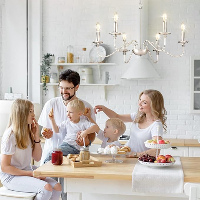 Depuley Modern Chandelier for Dining Room: 6-Light Brushed Nickel Farmhouse Hanging Ceiling Pendant Light Fixture for Kitchen Island - Industrial Vintage Candle Chandeliers for Living Room - Image 3