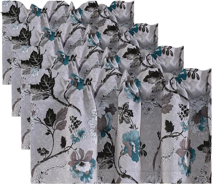 H.VERSAILTEX Blackout Curtain Valances for Kitchen Window/Living Room/Bathroom Privacy Added Rod Pocket Home Decoration Winow Valance, 52" W x 18" L, Floral in Grey and Teal (Pack of 4) by HVERSAILTEX