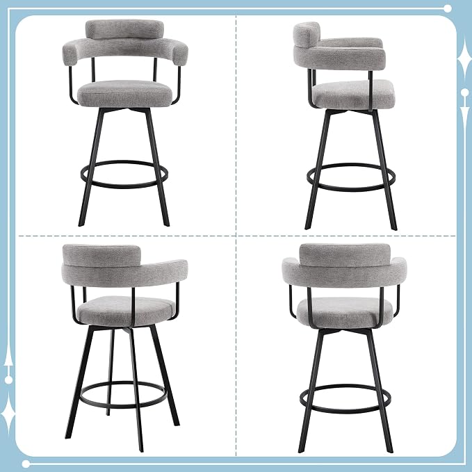 Flouki Swivel Bar Stools with Backs and Arms, Modern Bar Stools Set of 4 for Kitchen Island, 26" Upholstered Linen Counter Height Bar Stools for Kitchen Counter, Dining Room, Grey - Image 7