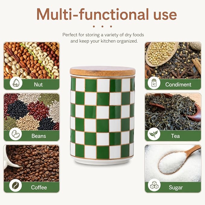 Kitchen Countertop Ceramic Checkered Canisters,Black And White Food Storage Containers With Lid,Airtight Kitchen Canisters for Flour, Sugar, Coffee, Tea, and Dry Goods (Green, Small) - Image 3