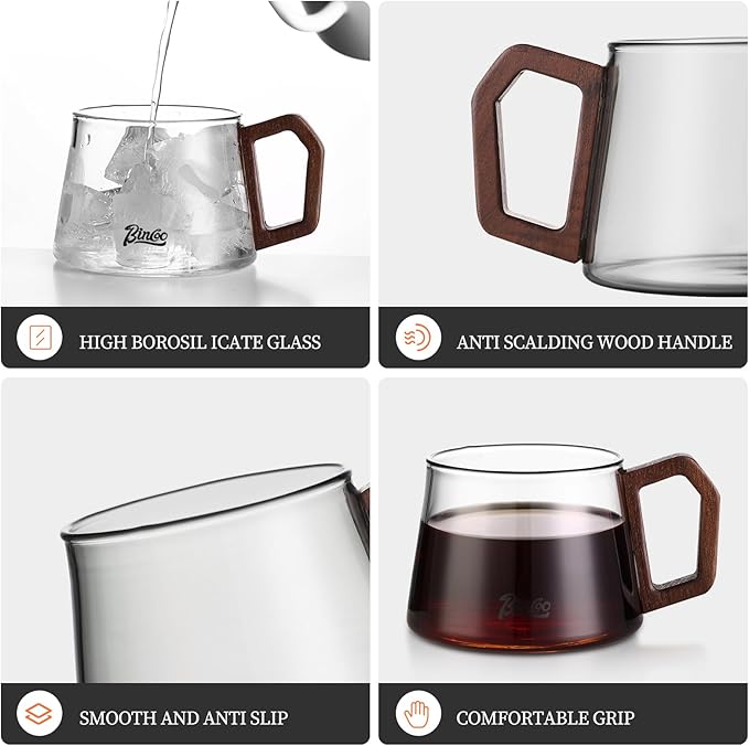 Bincoo Glass Cappuccino Cups 12oz/340ml with Coffee Scoop,Thickened Clear Glass Coffee Mug with Wooden Handle for Espresso,Latte,Tea