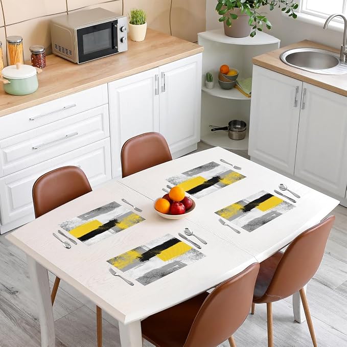 Feelyou Yellow Black Grey White Placemats Set of 4 for Kids Boys Girls Abstract Placemat for Kitchen Dining Table Decor Indoor Outdoor 18"x12" Ombre Modern Table Place Mats, Decor Buffalo Check - Image 3