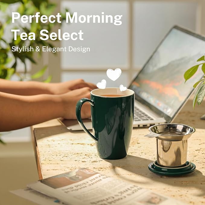 Sweese 15 OZ Porcelain Tea Mug with Infuser and Lid, Loose Leaf Tea Cup, Gifts for Tea Lover, Dark Green - Image 5