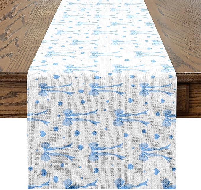 Coquette Bows Table Runner 13" x 120" Blue Watercolor Bow Kitchen Dining Table Decor for Home Party Sweetheart Home Decor for Living Room Dresser Scarfs Dresser Runners Cute Bowknot Table Decoration by jejeloiu