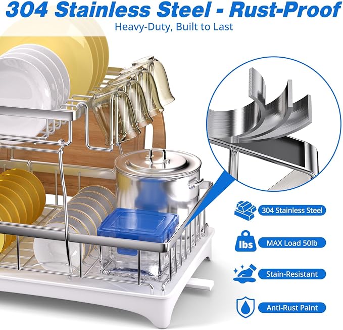 Godboat 2-Tier Dish Drying Rack - 304 Stainless Steel Dish Rack Auto Drain | Dish Racks for Kitchen Counter, Dish Drainer with Knife Fork & Cup Rack, Gifts for Women, Mothers Day, Kitchen Gadget, Silver - Image 2