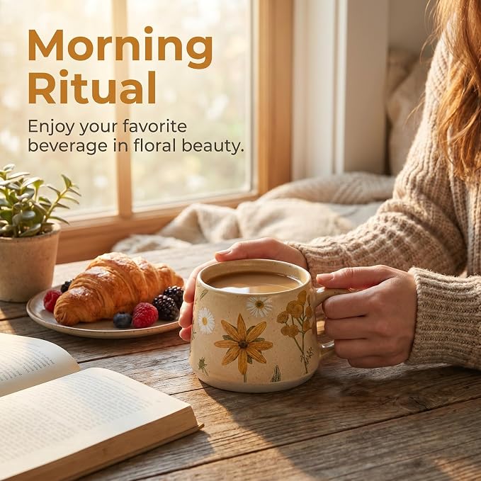 Ceramic Coffee Mug, 13oz Floral Design Pottery cute mugs, Ideal Gift for Women unique vintage pretty coffee mugs (Graceful Bloom) - Image 2