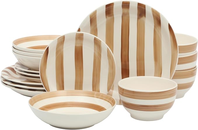 Gibson Home Kenwood Shores 16 Piece Dinnerware Set, Brown Striped, Stoneware, Hand-Painted Plates and Bowls, Service for 4, Microwave & Dishwasher Safe by GibsonHomewares
