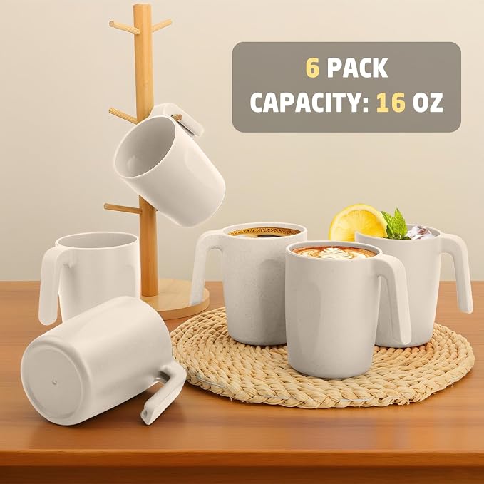 Coffee Mugs Set of 6, Wheat Straw Cups 16 oz, Resuable Plastic Coffee Cups With Handle, Unbreakable & Stackable Kitchen Cup, Microwave safe Drinking Glasses for Tea, Juice and Water - Beige - Image 7