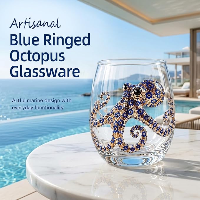 Artisanal Blue Ringed Octopus Glassware,3D Ocean Octopus Drinking Glass,Gift for Ocean Lovers (Jellyfish) - Image 2