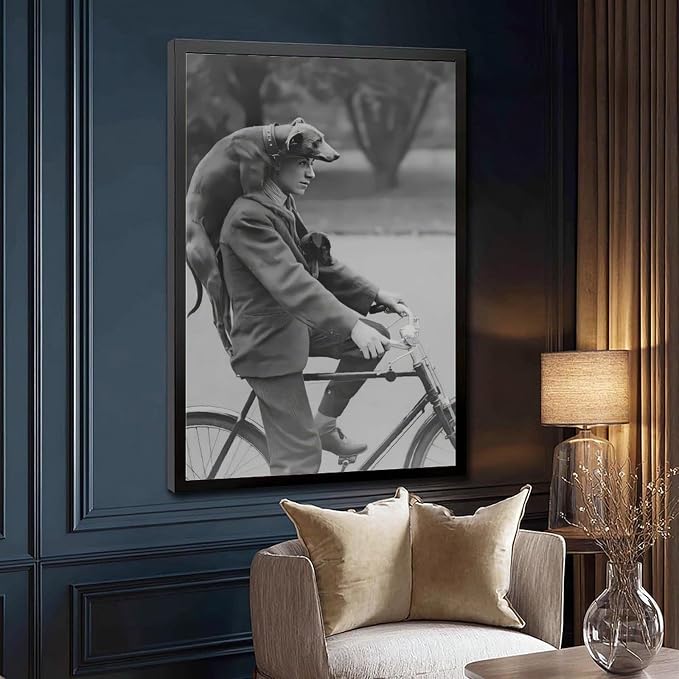 UXCBIA Man on Bike With Two Dogs Portrait, Vintage Dachshund, Black And White, Old Photography Poster Canvas Poster Bedroom Decor Sports Landscape Office Room Decor Gift Black Frame 08x12in(20x30cm) - Image 3