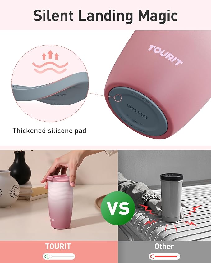 TOURIT 12 oz Travel Coffee Mug, Vacuum Insulated Stainless Steel Tumbler with Ripple-Wave Anti-Slip Grip, Built-in Silicone Bottom for Quiet & Stable, Leak-Proof Lid, Fits Car Cup Holder, Mist Purple - Image 7