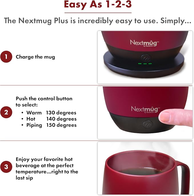 Nextmug Plus - Temperature-Controlled, Self-Heating Coffee Mug | (Burgundy - 18 oz.) – No App, Long-Lasting Battery for Work & Study, Great Gift for Coffee Lovers - Image 4