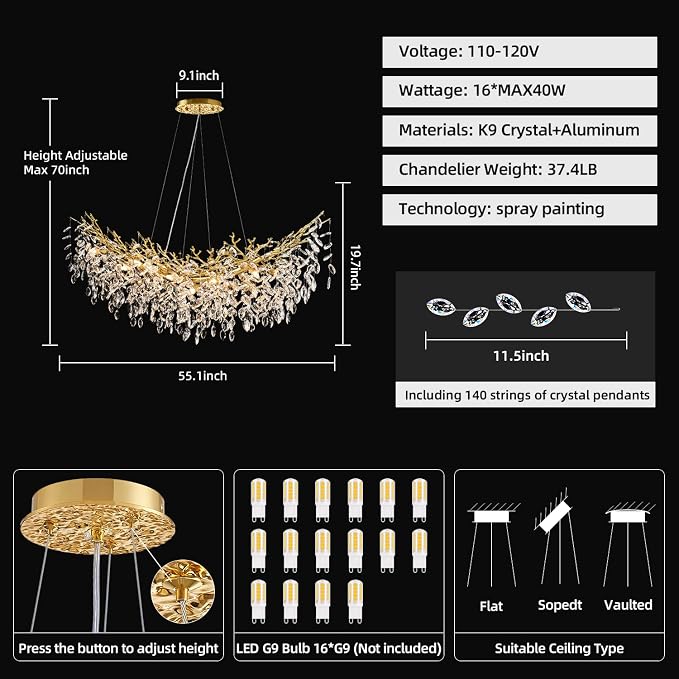 55" Crystal Tree Branch Chandelier Gold Rectangular Chandelier | 16 Lights Luxury Raindrop Chandeliers Modern Hanging Pendant Light Fixtures for Dining Room Kitchen Island Living Room - Image 3