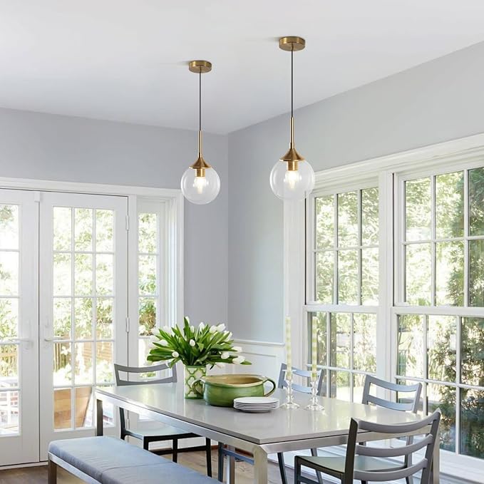 KCO Lighting Brushed Gold Kitchen Pendant Light 7” Modern Clear Glass Globe Pendant Light Brass Dining Room Light Fixture Mid Century Entryway Hanging Light Fixture (2 Pack) - Image 5
