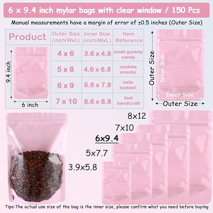 150 Pcs Mylar Bags for Food Storage, 6x9 Mylar Bag with Window Stand Up, Bulk Holographic Resealable Bags Smell Proof Bag Food Packaging for Small Business Freeze Dried Candy Jewelry Foil Packaging - Image 5
