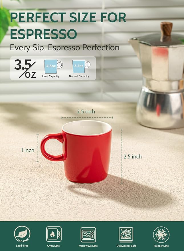Sweese 3.5oz Porcelain Espresso Cups Set of 4, Mini Coffee Mugs Demitasse Cups - Red - Image 2