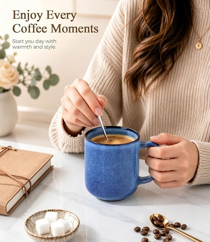 GBhome Large Coffee Mugs Set of 6, 16oz Handmade Coffee Mugs Set with Large Handle for Cappuccino/Latte/Tea/Hot Cocoa, Dishwasher & Microwave Safe-Sea Blue - Image 4