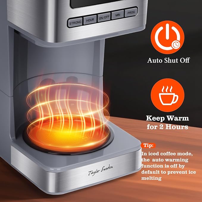 Taylor Swoden Iced Coffee maker 12 Cup, Gray & Stainless Steel | Programmable Coffee Maker, 4 Brew Strength, 24H Timer, Keep Warm&Auto Shutoff- Drip Coffee Machine for Home/Office, - Image 4