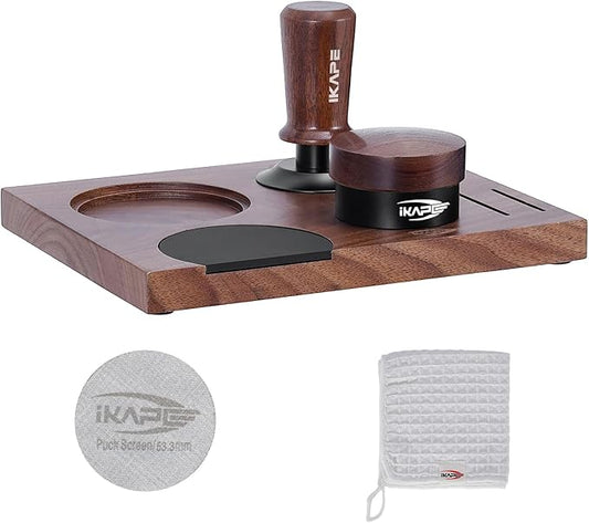IKAPE 51MM Espresso Tamper Kit 5 IN 1, Elegant Wooden Espresso Tamper, Distributor Set with Tamper Base, Puck Screen, Cleaning Towel, Ideal for Coffee Enthusiasts, Made from Premium Walnut Wood