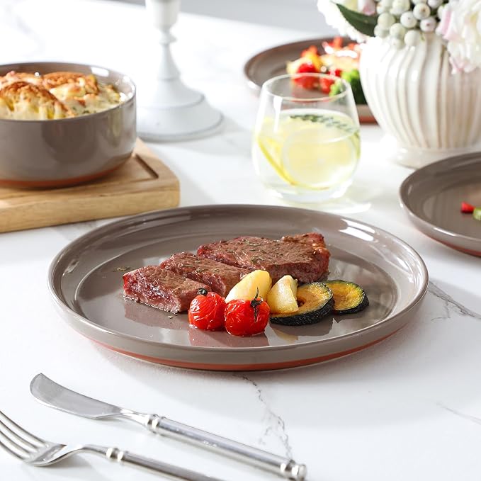MALACASA Plates and Bowls Sets, 12 Pieces Modern Stoneware Dinnerware Set for 4 Kitchen Dinner Set Ceramic Dishware Dishes Set Microwave and Dishwasher Safe, Brown, Series TARA - Image 8
