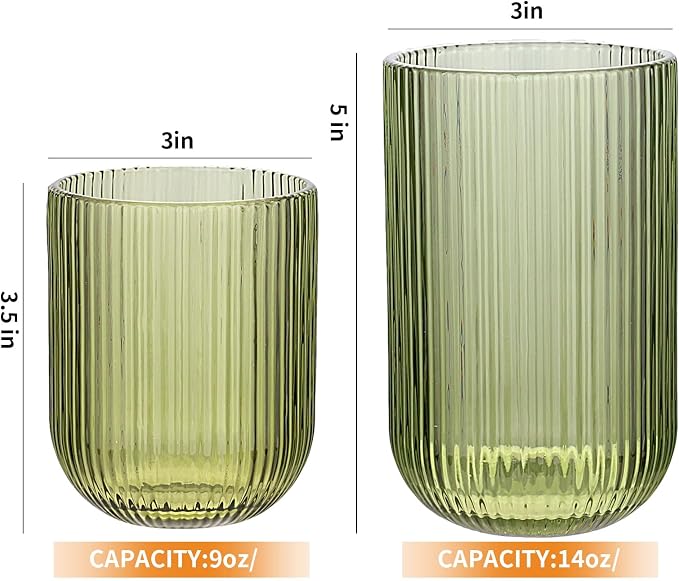 Set of 8 Ribbed Glassware,4 Highball Glasses 14oz & 4 Rocks Drinking Glasses 9oz, Green, Origami Style, Fluted Design, for Milk, Water, Cocktail, Juice, Beer, ToothBrush Cup, Gift - Image 5