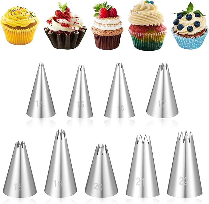 9Pcs Open Star Piping Tips Set, French Star Tube Set Frosting Nozzle Kit,Stainless Steel Star Pastry Tips for Cupcakes Cakes Cookies Decorating (Small Size)