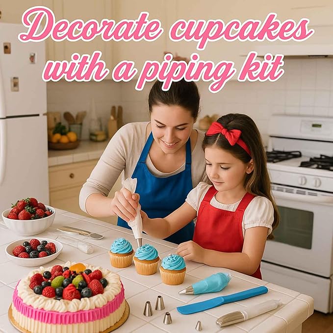 34PCs Cake Decorating Kit–Piping Bags and Tips Set With 24 Stainless Steel Piping Tips,2 Reusable Silicone Piping Bags,3 Smoothers, 2 Couplers,2 Bag Ties & 1 Brush for Baking & Cake Decoration
