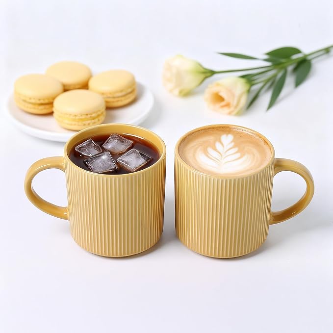 MONITO 16Oz Coffee Mugs Set of 4, Rustic Ceramic Coffee Cups Set with Large Handle, Vintage Striped Stoneware Coffee Mugs for Latte, Cocoa, Tea, Milk, Microwave & Dishwasher Safe, Lemon Yellow - Image 3