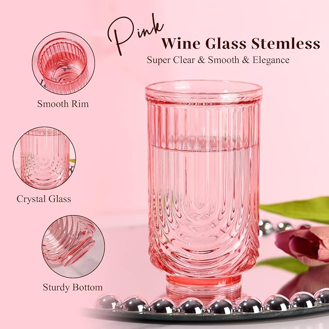 Pink Vintage Drinking Glasses Set of 6-17oz Hand-Blown Highball Ribbed Glassware, Arch Design Cocktail Glasses for Whiskey Water Beverages Ice Coffee Juice Milk - Image 4