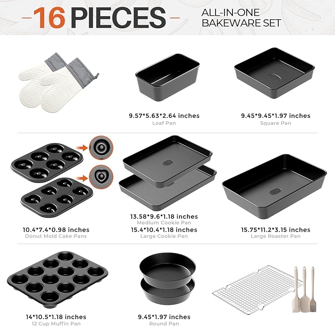 16-Piece Baking Pan Set, Nonstick Bakeware Set with Rack, Baking Sheet Set | Baking Sets with Oven Mitts, Donut Pan, and Heart Pan, Stackable Carbon Steel Baking Set with Kitchen Utensils, Black - Image 3