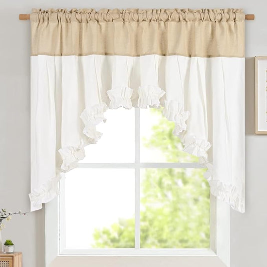 Likiyol Linen Swag Curtains Farmhouse Ruffle Valances for Windows Rustic Country Window Valances Light Filtering Kitchen Curtains Rod Pocket Valance for Bathroom Cafe, Linen White, 60" W x 36" L by Likiyol