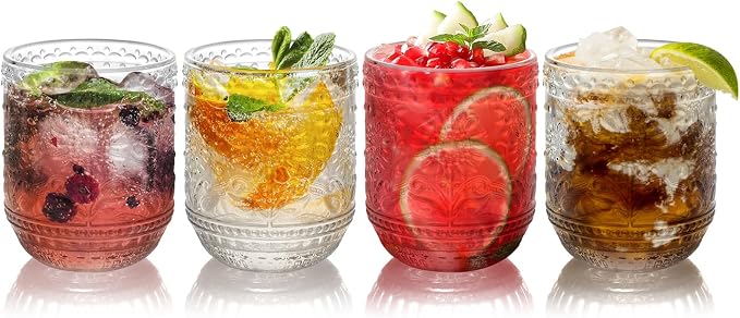 Topsky Vintage Drinking Glass Set of 4,12 oz Embossed Floral Drinkware Set,Colorful Drinking Glasses Cups Wine Glasses Colored Glassware for Whisky,Beer,Juice,Cocktail,Heavy Duty-Clear by HomeandKitchenNO1